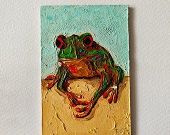 Whimsical Frog Oil Painting: Textured Miniature Wall Art