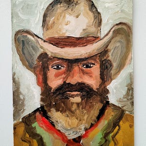 « Cowboy au chapeau, peinture à l'huile de cow-boy, art mural western, portrait de cow-boy rustique, décoration d'intérieur western moderne » par EsenOilArt