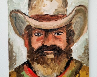 Original Cowboyporträtt Oljemålning, Western Konstverk: Impressionistisk Semi Abstrakt Ranch Väggkonst