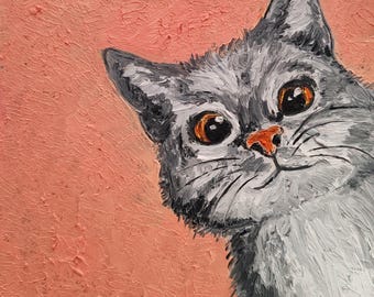 Handmade Cute Kitty Oil Painting, Kitty Wall Art,Cat Lover Gift, Custom Cat Painting, Pet Portrait,  Cat Painting, Pet Memorial, Gift
