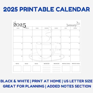Kalender med kaffetema 2025, svartvit utskrivbar (PDF-nedladdning)