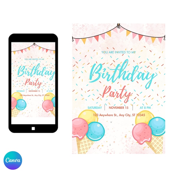 Birthday Invitation Template Icecream Theme for Kids/children/boys/girls birthday party, Editable Canva Printable Download