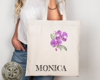 Orchid Personalized Canvas Tote Bag, Flower Tote Bag, Birthday gift for her, for mom, mom's day gift,