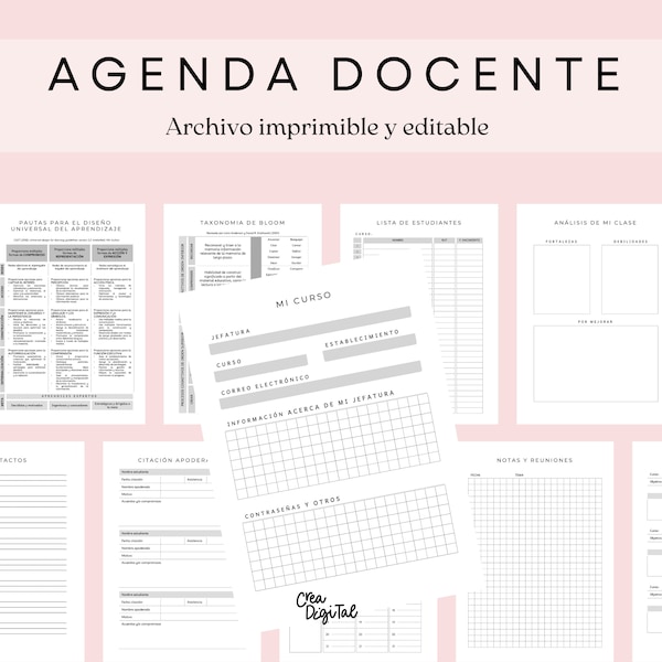 Agenda imprimible docente | Planeador 2024 | Agenda 2024 Minimalista en Español | Para maestros