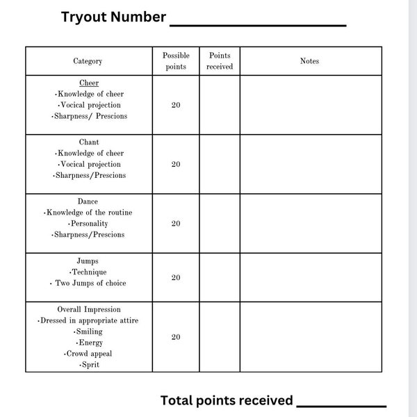 Cheer Tryout Editable Scoresheet