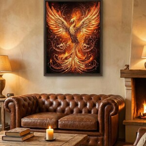 Op de afbeelding: Een ingelijst kunstwerk met een feniks in vurige tinten oranje, rood en goud. De mythische vogel wordt getoond met uitgespreide vleugels, tegen een donkere achtergrond met sierlijke details. Het kunstwerk hangt boven een bruine leren bank.