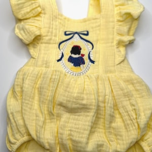 Snow White Inspired Romper | Embroidered Yellow Princess Bubble Outfit | Baby Girl Dress-Up | Summer Park Set | Disney Park Day