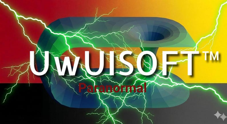 May include: A graphic design featuring the white text UWUISOFT&trade; and the red text Paranormal centered over a blue and green geometric shape resembling a wormhole, overlaid with bright green lightning bolts against a red, yellow, and black background.