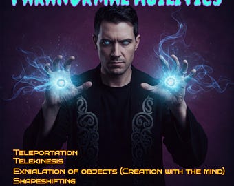 May include: An image featuring a man with blue eyes and energy effects, with the text "PARANORMAL ABILITIES" at the top. The image lists abilities including Teleportation, Telekinesis, and Shapeshifting.