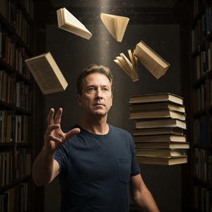 May include: A man in a dark blue t-shirt stands in front of a bookshelf with books floating around him. The books are in various sizes and positions, creating a sense of magic and wonder.
