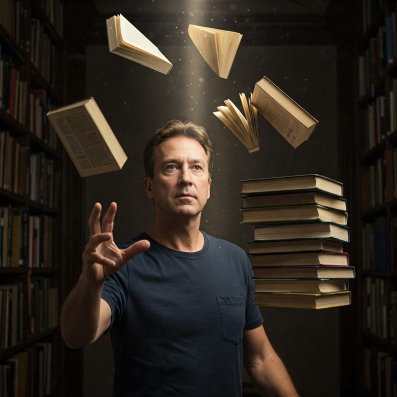 Pode incluir: Um homem com uma camiseta azul escura est&aacute; em frente a uma estante de livros com livros flutuando ao seu redor. Os livros s&atilde;o de diferentes tamanhos e est&atilde;o em v&aacute;rias posi&ccedil;&otilde;es, criando uma sensa&ccedil;&atilde;o de magia e admira&ccedil;&atilde;o.