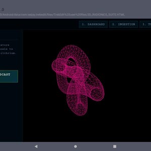 May include: A digital interface titled Radionics Suite v1.0 displaying a pink wireframe torus knot on a black background. The screen includes text such as Output Array, Phase Matching Index 98.4% Aligned, and a button labeled Initialize Broadcast Vector.