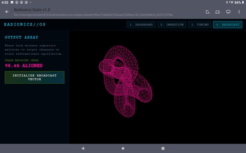 May include: A digital interface titled Radionics Suite v1.0 displaying a pink wireframe torus knot on a black background. The screen includes text such as Output Array, Phase Matching Index 98.4% Aligned, and a button labeled Initialize Broadcast Vector.