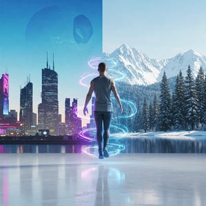 Könnte beinhalten: Eine Person steht vor einer Skyline einer Stadt und einer schneebedeckten Bergkette. Die Person ist von wirbelnder blauer und violetter Licht umgeben.