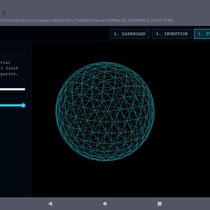 May include: A digital interface titled Radionics Suite v1.0 displaying a Rate Modulator with a wireframe sphere in the center. The screen features text including Dashboard, Ingestion, Tuning, Broadcast, and Rate Modulus 44.0 with a slider bar.