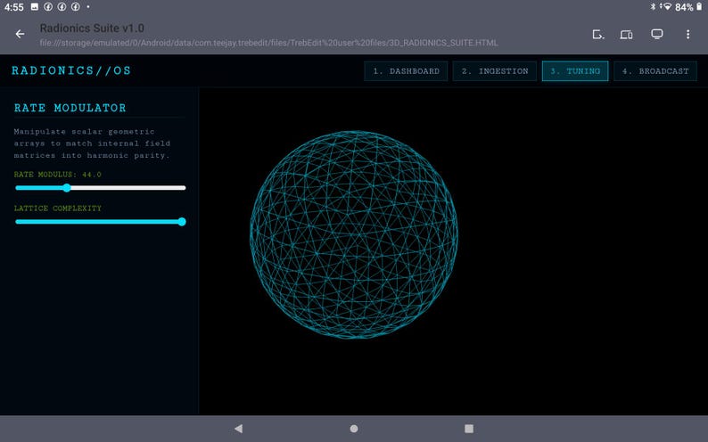 May include: A digital interface titled Radionics Suite v1.0 displaying a Rate Modulator with a wireframe sphere in the center. The screen features text including Dashboard, Ingestion, Tuning, Broadcast, and Rate Modulus 44.0 with a slider bar.