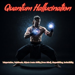 以下が含まれることがあります： 黒い武道着を着た男性が、光る青いエネルギーを両手に持っている。画像の上部に「Quantum Hallucination」というテキストが書かれている。画像の下部に「Teleportation, Telekinesis, Objects Create Ability (From Mind), Shapeshifting, Invincibility」というテキストが書かれている。