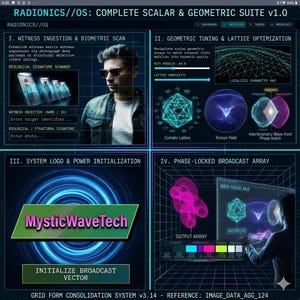 May include: A digital interface titled RADIONICS//OS: COMPLETE SCALAR & GEOMETRIC SUITE v1.0. The screen displays four quadrants featuring technical data, geometric wireframe models, a person wearing sunglasses, and the text MysticWaveTech.