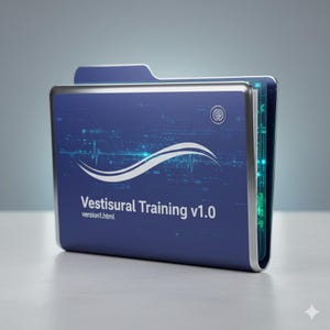 May include: A blue folder with the text "Vestisural Training v1.0" and "version1.html" in white. The folder has a silver trim and a brain icon. The background has a digital design with a waveform.