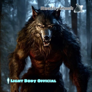 May include: A werewolf with a fierce expression, standing in a dark forest. The werewolf has a muscular build and sharp teeth. The image is titled "LIGHT BODY OFFICIAL" in blue text.