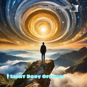May include: A person stands on a mountaintop, looking up at a swirling vortex of light and stars. The vortex is surrounded by a dark blue sky with white clouds. The text "LIGHT BODY OFFICIAL" is visible in the lower right corner of the image.