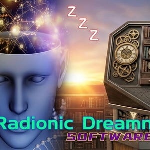 May include: A digital graphic featuring a blue human head silhouette with a glowing brain, a sleeping ZZZ symbol, and a complex mechanical console with circular gauges and a screen displaying the text Radionic Dreamn PLanner SOFTWARE.