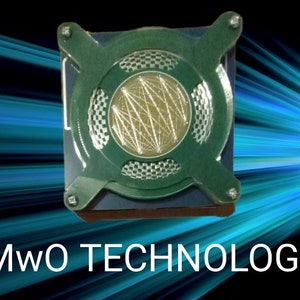 May include: A green and silver circular device with a grid pattern and the text "MWO TECHNOLOGY" on a blue and white background.