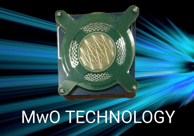 May include: A green and silver circular device with a grid pattern and the text "MWO TECHNOLOGY" on a blue and white background.