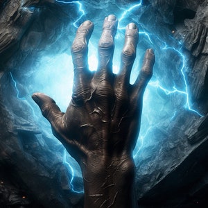 May include: A large, dark hand reaches up from a dark, rocky background.  The hand is surrounded by a bright blue light with white lightning bolts.