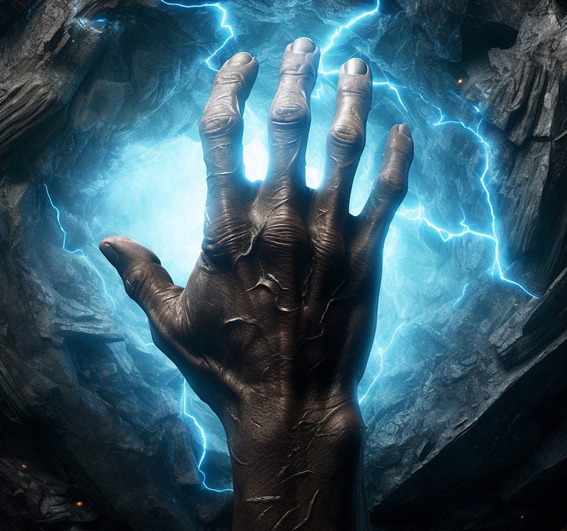 May include: A large, dark hand reaches up from a dark, rocky background.  The hand is surrounded by a bright blue light with white lightning bolts.