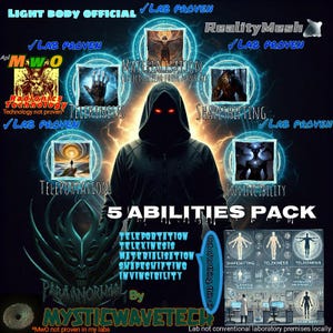 May include: A digital illustration of a hooded figure with glowing red eyes, surrounded by circles containing images of various supernatural abilities, including teleportation, telekinesis, materialization, shapeshifting, and invincibility. The text "5 Abilities Pack" is written in bold letters below the figure. The text "Out of nothing, thin air" is written vertically on the right side of the image. The text "Lab not conventional laboratory premises locally" is written at the bottom of the image.