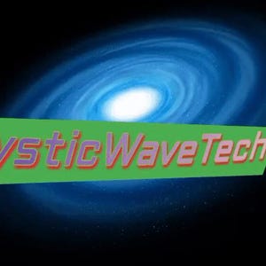 May include: A digital graphic with the text "MysticWaveTech" in purple and red, outlined in orange, on a green rectangular banner. The banner is set against a backdrop of a blue and white galaxy, with a dark blue and black background.