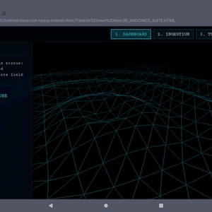 May include: A digital interface titled Radionics Suite v1.0 featuring a dark background with a teal wireframe mesh landscape. The screen displays System Command text, including Initial operating matrix status: IDLE, and Operational Mode: Diagnostic Architecture Active, with navigation tabs for Dashboard, Ingestion, Tuning, and Broadcast.