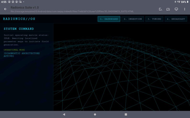 May include: A digital interface titled Radionics Suite v1.0 featuring a dark background with a teal wireframe mesh landscape. The screen displays System Command text, including Initial operating matrix status: IDLE, and Operational Mode: Diagnostic Architecture Active, with navigation tabs for Dashboard, Ingestion, Tuning, and Broadcast.