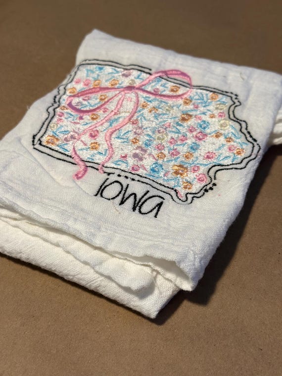 Embroidered Iowa Tea Towel: Coquette Cottagecore Bow & Floral Decor