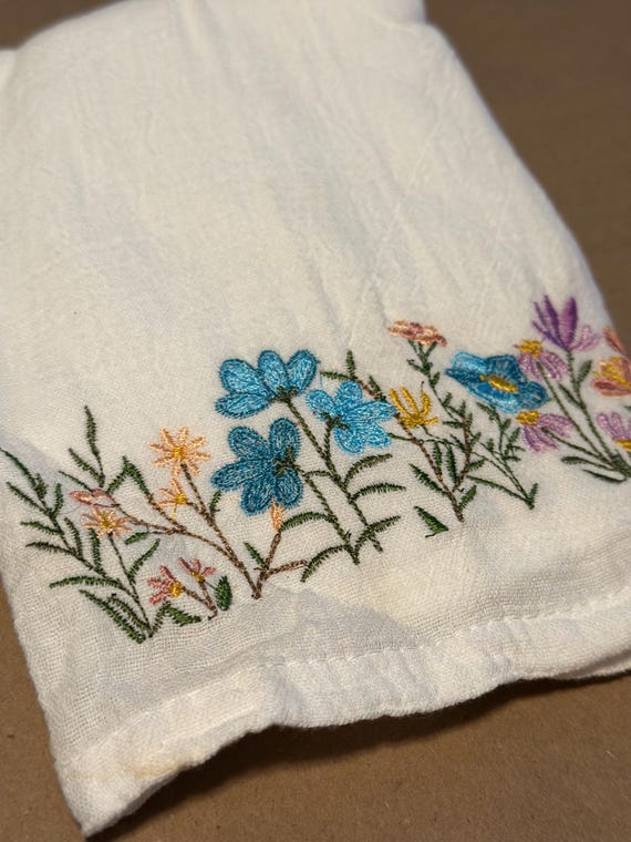 Embroidered Wildflower Tea Towel Blue & Purple Floral Kitchen Towel Cottagecore Farmhouse Decor  Gift for Garden Flower Lovers