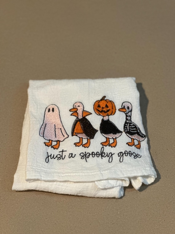 Silly Goose Spooky Goose Halloween Tea Towel | 28x28 100% Cotton Flour Sack Kitchen Towel | Funny Goose Halloween Decor
