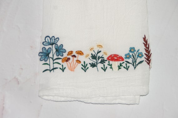 Blue Wildflower and Mushroom Embroidered Tea Towel | Cottagecore Kitchen Towel | Botanical Farmhouse Decor | Nature Lover Gift