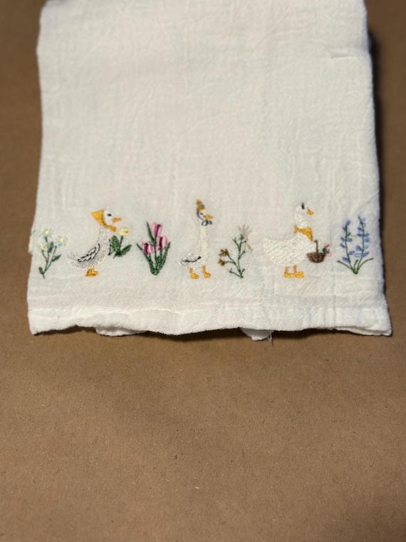 Floral Silly Goose Tea Towel – Whimsical Embroidered Dish Towel | Farmhouse Kitchen Decor Gift
