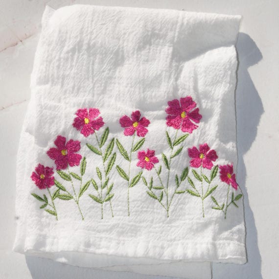 Fuschia Pink Flower Tea Towel- Cosmo, Embroidered Tea Towel