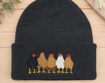 Embroidered Chicken Beanie with Pompom | Cozy Winter Knit Hat | Farmhouse Gift | Chicken Lover Beanie | Custom Embroidery Hat