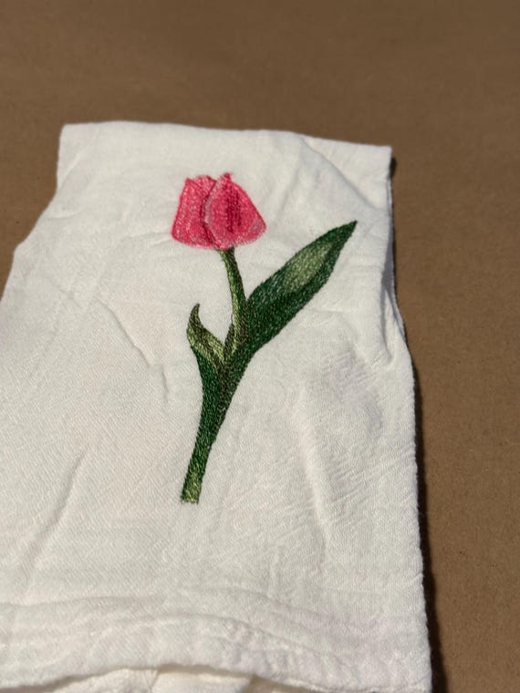 Embroidered Pink Tulip Tea Towel: Floral Cotton Kitchen Decor