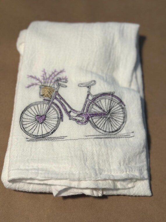 Lavender Bicycle Embroidered Tea Towel – Vintage Bike with Flowers