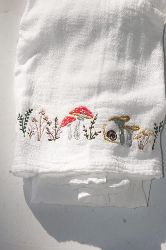 Snail and Mushroom Wildflower Embroidered Tea Towel