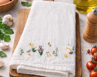 Floral Silly Goose Tea Towel – Whimsical Embroidered Dish Towel | Farmhouse Kitchen Decor Gift