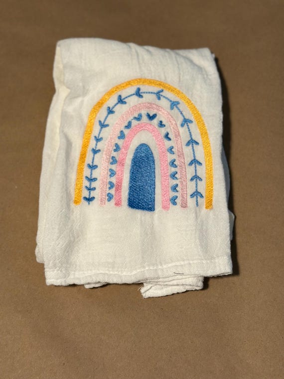 Embroidered Rainbow and Hearts Tea Towel | Colorful Kitchen Towel | Whimsical Embroidered Gift | Farmhouse Kitchen Decor