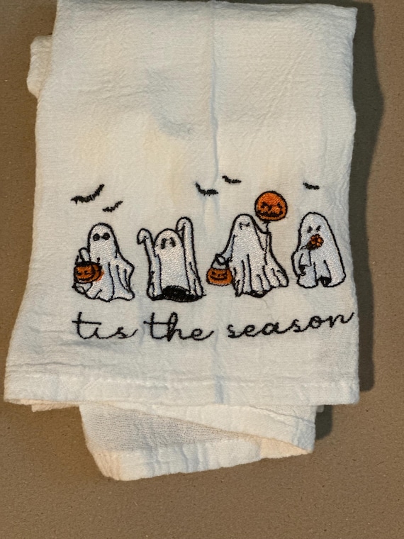 Tis the Season Ghost Tea Towel | 100 Cotton 28x28 Fall Kitchen Towel | Halloween Decor | Spooky Cute Dish Towel | Seasonal Gift