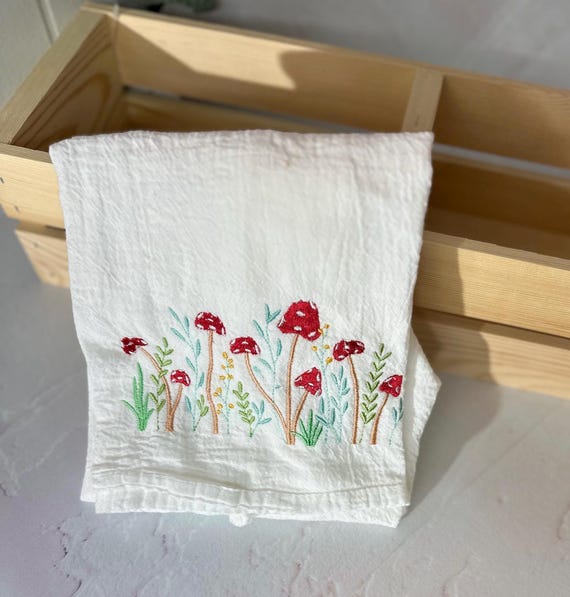 Mushroom Garden embroidered Hand Towel for kitchen use- Tea Towel, Gift, hostess gift cottage core