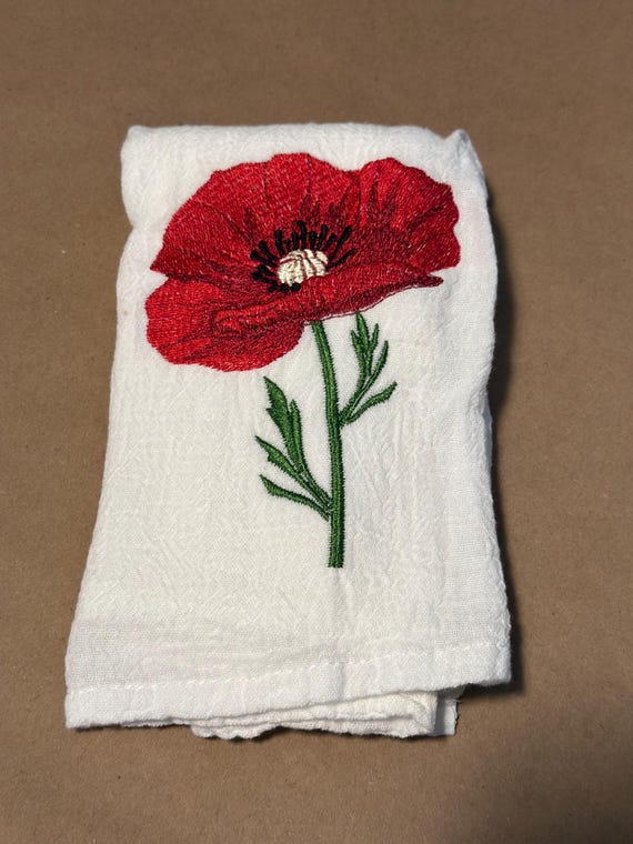 Red Poppy Embroidered Tea Towel – Floral Kitchen Towel, Handmade Dish Towel, Botanical Gift, Farmhouse Decor, Cottagecore Kitchen