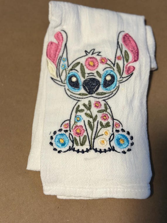 Stitch Come From Away Embroidered Tea Towel – Disney Theater Lover Gift